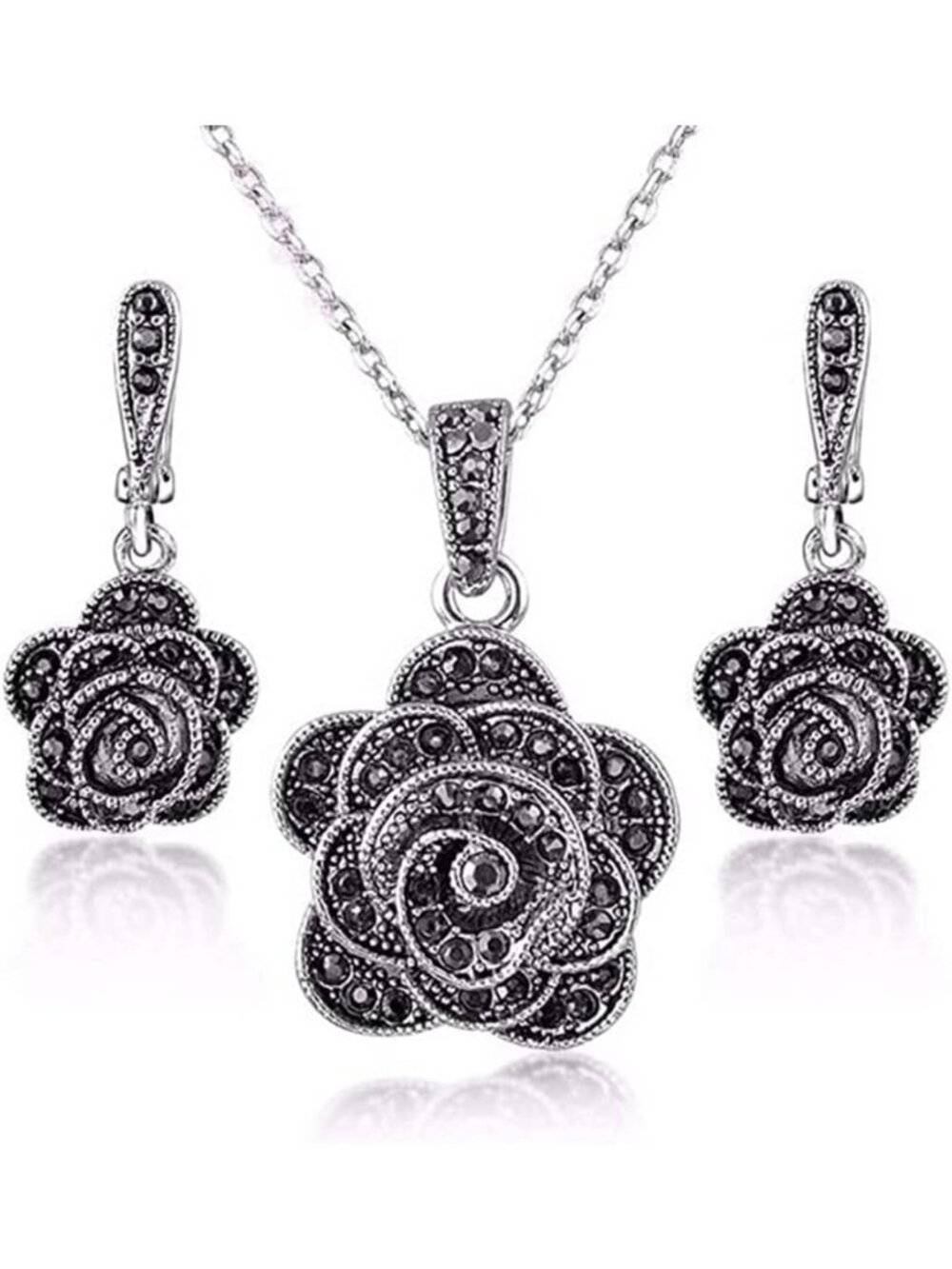 Chic Vintage Black Crystal Geometric Rose Flower Jewelry Set - Necklace